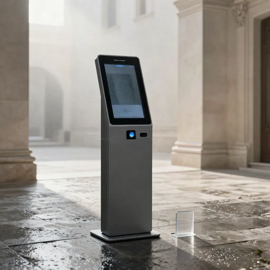 Dotykový kiosk v ranním atriu na mokré dlažbě, s NFC a beacon moduly.