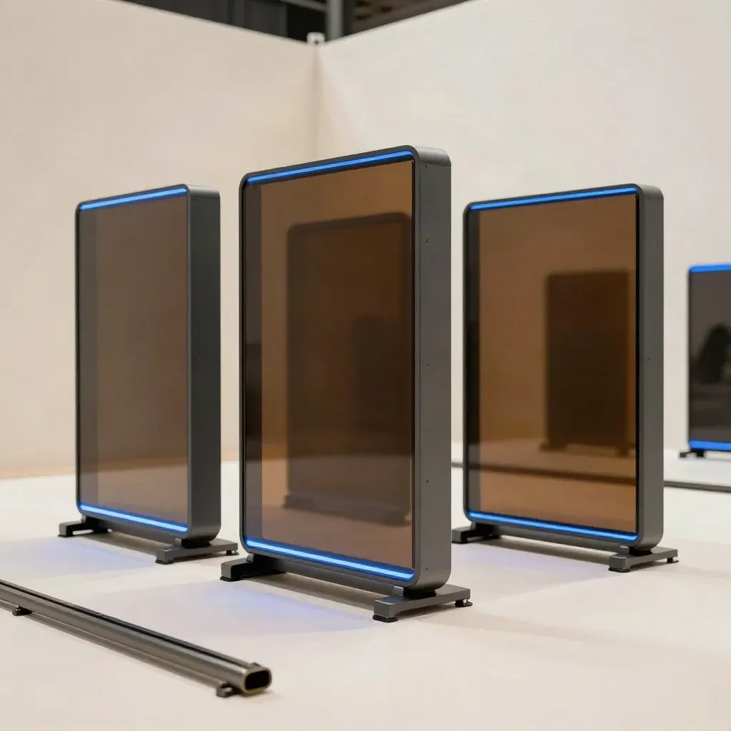 Tři modulární kiosky a světelné panely v tmavém expo stánku s modrým světlem.